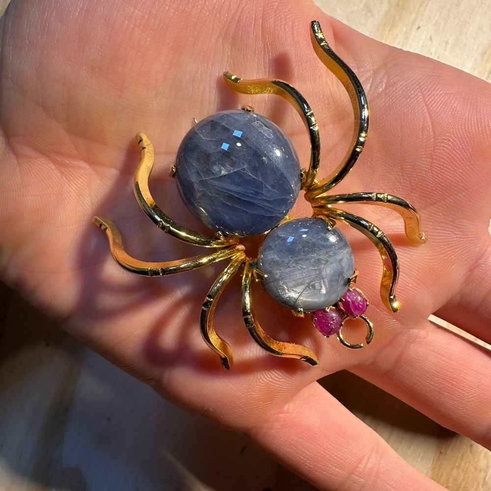 Gold Tone Blue Cabochon Spider Brooch Pin Statement Insect Jewelry